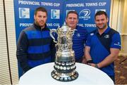 14 December 2013; Leinster's Sean O'Brien, left, and Fergus McFadden with Ciaran O'Brien, Cleaning Contractors at the 89th Provincial Towns Cup draw sponsored by Cleaning Contractors. Ballsbridge Hotel, Dublin. Picture credit: Stephen McCarthy / SPORTSFILE