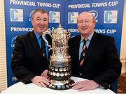 14 December 2013; New Ross RFC President Des Moloney, left, and Newbridge RFC President Sean McCann at the 89th Provincial Towns Cup draw sponsored by Cleaning Contractors. Ballsbridge Hotel, Dublin. Picture credit: Stephen McCarthy / SPORTSFILE