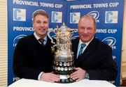 14 December 2013; Roscrea RFC President Michael Talbot, left, and Dermot O'Mahony, Cill Dara RFC, at the 89th Provincial Towns Cup draw sponsored by Cleaning Contractors. Ballsbridge Hotel, Dublin. Picture credit: Stephen McCarthy / SPORTSFILE