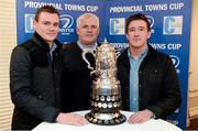 14 December 2013; Clondlakin RFC's Paul Nolan, left, and President Tom Duffy, centre, with Joe Bulmer, Arklow RFC, right, at the 89th Provincial Towns Cup draw sponsored by Cleaning Contractors. Ballsbridge Hotel, Dublin. Picture credit: Stephen McCarthy / SPORTSFILE