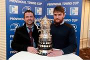 14 December 2013; Portarlington RFC President Padraig Maree and club captain James Hyland at the 89th Provincial Towns Cup draw sponsored by Cleaning Contractors. Ballsbridge Hotel, Dublin. Picture credit: Stephen McCarthy / SPORTSFILE