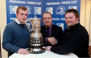 14 December 2013; Portlaoise RFC President Denis Aldritt, centre, with Boyne RFC captain Michael Hennessy, left, and coach Robert Shuttleworth, right, at the 89th Provincial Towns Cup draw sponsored by Cleaning Contractors. Ballsbridge Hotel, Dublin. Picture credit: Stephen McCarthy / SPORTSFILE