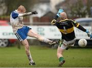 15 December 2013; Colin Devlin, Ballinderry Shamrocks, beats Kingdom/Kerry Gaels goalkeeper Shaun Howard to score his side's third goal. AIB GAA Football All-Ireland Senior Club Championship, Quarter-Final, Kingdom/Kerry Gaels, London v Ballinderry Shamrocks, Derry. Páirc Smárgaid, Ruislip, London, England. Picture credit: David Maher / SPORTSFILE