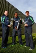 16 December 2013; Ireland head coach Phil Simmons, centre, with recently appointed women's coach Trent Johnston, left, and Kevin O'Brien after speaking to the media at a press conference. Cricket Ireland Press Conference, Grattan Business Park, Clonshaugh, Dublin 17. Picture credit: David Maher / SPORTSFILE