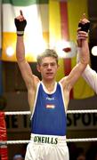 18 March 2005; Conor Ahern, Baldoyle, Dublin, celebrates after victory. National Senior Boxing Championship Finals, Light Flyweight Division, Jimmy Moore.v.Conor Ahern, National Boxing Stadium, South Circular Road, Dublin. Picture credit; Damien Eagers / SPORTSFILE