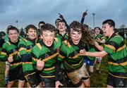 18 December 2013; Moyne Community School captain Danny Griffen, second from right, celebrates with his team-mate's at the end of the game. Leinster Schools Duff Junior Cup Final, St. Conleth’s College v Moyne Community School. Mullingar RFC, Co. Westmeath. Picture credit: David Maher / SPORTSFILE