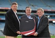 19 December 2013; Peter McKenna, Commercial Director of the GAA and Stadium Director of Croke Park, centre, with Terry Jackson, General manager Kukri, left, and Adrian Logan, Kukri Ambassador, in attendance at the announcement of Kukri as the new kit supplier for the GAA. Croke Park, Dublin. Picture credit: Matt Browne / SPORTSFILE