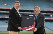 19 December 2013; Terry Jackson, General manager Kukri, left, and Adrian Logan, Kukri Ambassador, in attendance at the announcement of Kukri as the new kit supplier for the GAA. Croke Park, Dublin. Picture credit: Matt Browne / SPORTSFILE