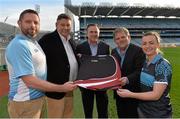 19 December 2013; Pictured are, from left to right, Graham O'Sullivan, Regional manager GAA Kukri, Terry Jackson, General manager Kukri, Peter McKenna, Commercial Director of the GAA and Stadium Director of Croke Park, Adrian Logan, Kukri Ambassador, and Bronagh McClenaghan, Sales manager Kukri, in attendance at the announcement of Kukri as the new kit supplier for the GAA. Croke Park, Dublin. Picture credit: Matt Browne / SPORTSFILE