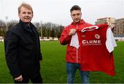20 December 2013; St. Patrick's Athletic's new signing Mark Quigley with manager Liam Buckley in attendance at the launch of their new jersey. Richmond Park, Dublin. Picture credit: David Maher / SPORTSFILE