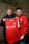 20 December 2013; St. Patrick's Athletic's new signing Mark Quigley with manager Liam Buckley in attendance at the launch of their new jersey. Richmond Park, Dublin. Picture credit: David Maher / SPORTSFILE