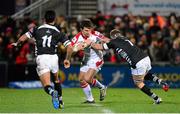 20 December 2013; Michael Allen, Ulster, is tackled by Filippo Ferrarini, right, supported by team-mate Dion Berryman, Zebre. Celtic League 2013/14, Round 10, Ulster v Zebre, Ravenhill Park, Belfast, Co. Antrim. Picture credit: Oliver McVeigh / SPORTSFILE