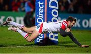 20 December 2013; Jared Payne, Ulster, dives between the posts to score his side's first try. Celtic League 2013/14, Round 10, Ulster v Zebre, Ravenhill Park, Belfast, Co. Antrim. Picture credit: Oliver McVeigh / SPORTSFILE