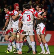 20 December 2013; Ulster's Jared Payne, right, celebrates with team-mates Mike McComish, Ricky Lutton and Ruan Pienaar after scoring his side's first try. Celtic League 2013/14, Round 10, Ulster v Zebre, Ravenhill Park, Belfast, Co. Antrim. Picture credit: Oliver McVeigh / SPORTSFILE