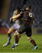 20 December 2013; Kevin McLaughlin, Leinster, is tackled by Cornell du Preez, Edinburgh. Celtic League 2013/14, Round 10, Edinburgh v Leinster, Murrayfield, Edinburgh, Scotland. Picture credit: Stephen McCarthy / SPORTSFILE