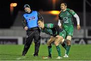 21 December 2013; Connacht's Dan Parks, along with team manager Tim Allnutt, left, and team-mate George Naoupu, look on as his penalty attempt goes wide. Celtic League 2013/14, Round 10, Connacht v Newport Gwent Dragons, Sportsground, Galway. Picture credit: Ray Ryan / SPORTSFILE