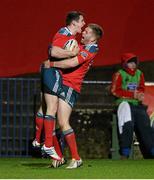 21 December 2013; Ronan O'Mahony, Munster, left, is congratulated by team-mate Ivan Dineen after scoring his side's first and only try of the game. Celtic League 2013/14, Round 10, Munster v Scarlets, Musgrave Park, Cork. Picture credit: Diarmuid Greene / SPORTSFILE