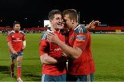 21 December 2013; Munster try-scorer Ronan O'Mahony, left, is congratulated after the game by team-mate CJ Stander. Celtic League 2013/14, Round 10, Munster v Scarlets, Musgrave Park, Cork. Picture credit: Diarmuid Greene / SPORTSFILE