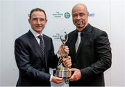21 December 2013; Former Republic of Ireland international Paul McGrath is presented with the RTÉ / Irish Sports Council Hall of Fame award by Republic of Ireland manager Martin O'Neill at the RTÉ Sports Awards 2013. RTÉ Studios, Donnybrook, Dublin. Photo by Sportsfile
