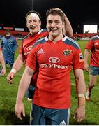 21 December 2013; Munster try-scorer Ronan O'Mahony, right, is congratulated after the game by his brother and team-mate Barry O'Mahony. Celtic League 2013/14, Round 10, Munster v Scarlets, Musgrave Park, Cork. Picture credit: Diarmuid Greene / SPORTSFILE