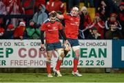 21 December 2013; JJ Hanrahan, Munster, left, is congratulated by team-mate Barry O'Mahony after Hanrahan kicked a cross-field ball for Ronan O'Mahony's last minute try. Celtic League 2013/14, Round 10, Munster v Scarlets, Musgrave Park, Cork. Picture credit: Diarmuid Greene / SPORTSFILE