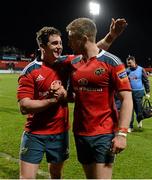 21 December 2013; Munster try-scorer Ronan O'Mahony, left, is congratulated after the game by team-mate Ivan Dineen. Celtic League 2013/14, Round 10, Munster v Scarlets, Musgrave Park, Cork. Picture credit: Diarmuid Greene / SPORTSFILE