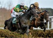 27 December 2013; Plinth, left, with Tony McCoy up, jumps the last ahead of Ivan Grozny, with Ruby Walsh up, on their way to winning the The Paddy Power iPad App 3-Y-O Maiden Hurdle. Leopardstown Christmas Racing Festival 2013, Leopardstown Racetrack, Leopardstown, Co. Dublin. Picture credit: Barry Cregg / SPORTSFILE