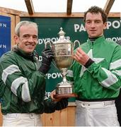 27 December 2013; Jocker, Ruby Walsh, left, and Owner of Rockyaboya Patrick Mullins with the Paddy Power Steeplechase Cup. Leopardstown Christmas Racing Festival 2013, Leopardstown Racetrack, Leopardstown, Co. Dublin. Picture credit: Matt Browne / SPORTSFILE