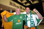 24 March 2005; Republic of Ireland soccer fans John Kearney, left, Castleknock, and Gerry Kelly, Sligo Town, outside the Hilton Hotel in Tel Aviv prior to the FIFA 2006 World Cup qualifier game against Israel. Tel Aviv, Israel. Picture credit; Ray McManus / SPORTSFILE