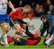 27 December 2013; JJ Hanrahan, Munster, is congratulated by teammate Keith Earls after scoring their side's first try. Celtic League 2013/14, Round 11, Munster v Connacht, Thomond Park, Limerick. Picture credit: Brendan Moran / SPORTSFILE