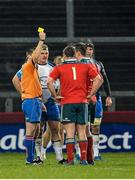 27 December 2013; Referee Dudley Philips shows a yellow card to Munster's James Cronin and Connacht's Nathan White. Celtic League 2013/14, Round 11, Munster v Connacht, Thomond Park, Limerick. Picture credit: Brendan Moran / SPORTSFILE