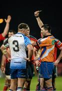 27 December 2013; Referee Dudley Philips shows a yellow card to Connacht's Nathan White and Munster's James Cronin. Celtic League 2013/14, Round 11, Munster v Connacht, Thomond Park, Limerick. Picture credit: Diarmuid Greene / SPORTSFILE