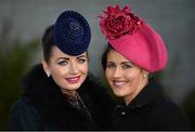 28 December 2013; Sarah Cass, left, and Diana Morrissey, both from Gowran, Co. Kilkenny, enjoying a day at the races. Leopardstown Christmas Racing Festival 2013, Leopardstown Racetrack, Leopardstown, Co. Dublin. Picture credit: Barry Cregg / SPORTSFILE