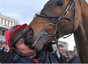 28 December 2013; Bobs Worth gets a kiss from jockey Barry Geraghty after winning The Lexus Steeplechase. Leopardstown Christmas Racing Festival 2013, Leopardstown Racetrack, Leopardstown, Co. Dublin. Picture credit: Barry Cregg / SPORTSFILE