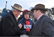 28 December 2013; Jockey Barry Geraghty speaking with trainer Nicky Henderson, right, and part- owner Malcolm Kimmins, left, after Bobs Worth won The Lexus Steeplechase. Leopardstown Christmas Racing Festival 2013, Leopardstown Racetrack, Leopardstown, Co. Dublin. Picture credit: Barry Cregg / SPORTSFILE