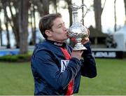 28 December 2013; Jockey Barry Geraghty with the Lexus Steeplechase Trophy after victory on board his mount Bobs Worth. Leopardstown Christmas Racing Festival 2013, Leopardstown Racetrack, Leopardstown, Co. Dublin. Picture credit: Matt Browne / SPORTSFILE
