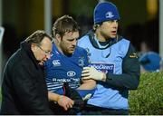 28 December 2013; Leinster's Sean O'Brien is helped from the pitch by Dr. John Ryan, team doctor, left, and Karl Denvir, team physiotherapist, right, after picking up an injury in the second half. Celtic League 2013/14, Round 11. Leinster v Ulster, RDS, Ballsbridge, Dublin. Picture credit: Stephen McCarthy / SPORTSFILE