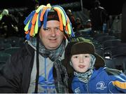 28 December 2013; Leinster fans Fergal Hennessey, left, and Conor Hennessey, age 8, from Tullow RFC, Carlow, ahead of the match. Celtic League 2013/14, Round 11. Leinster v Ulster, RDS, Ballsbridge, Dublin. Picture credit: Piaras Ó Mídheach / SPORTSFILE