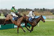 29 December 2013; Eventual winner Carlingford Lough, left, with Tony McCoy up, clears the last behind 2nd place Morning Assembly, with Ruby Walsh up during The Topaz Novice Steeplechase. Leopardstown Christmas Racing Festival 2013, Leopardstown Racetrack, Leopardstown, Co. Dublin. Photo by Sportsfile