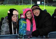 28 December 2013; Leinster fans, from left, Kelly O'Neill, age 10, Jasmine Kinsella, age 10, and Keith Kinsella, from Graiguecullen, Co. Carlow, ahead of the match. Celtic League 2013/14, Round 11. Leinster v Ulster, RDS, Ballsbridge, Dublin. Picture credit: Piaras Ó Mídheach / SPORTSFILE