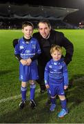 28 December 2013; Leinster matchday mascots Shane McGrath, age 10, from Rathfarnham, Dublin, and George Hook, age 5, from Blackrock, Cork, with Leinster's Andrew Goodman ahead of the game. Celtic League 2013/14, Round 11. Leinster v Ulster, RDS, Ballsbridge, Dublin. Picture credit: Stephen McCarthy / SPORTSFILE
