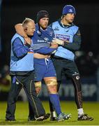 28 December 2013; Leinster's Sean O'Brien is helped from the pitch by Dr. Arthur Tanner, team doctor, left, and Karl Denvir, team physiotherapist, right, after picking up an injury in the second half. Celtic League 2013/14, Round 11. Leinster v Ulster, RDS, Ballsbridge, Dublin. Picture credit: Stephen McCarthy / SPORTSFILE