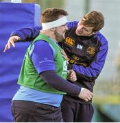 30 December 2013; Leinster's Martin Moore and team-mate Brendan Macken in jovial mood during Leinster Rugby Squad Training, UCD, Belfield, Dublin. Picture credit: Pat Murphy / SPORTSFILE