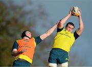 30 December 2013; Munster's Tommy O'Donnell wins possession in a lineout ahead of Ian Nagle during squad training ahead of their Celtic League game against Ulster on Friday. Munster Rugby Squad Training, University of Limerick, Limerick. Picture credit: Diarmuid Greene / SPORTSFILE