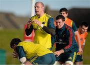 30 December 2013; Munster's Paul O'Connell along with team-mates Donncha O'Callaghan, left, and Peter O'Mahony, right, during squad training ahead of their Celtic League game against Ulster on Friday. Munster Rugby Squad Training, University of Limerick, Limerick. Picture credit: Diarmuid Greene / SPORTSFILE
