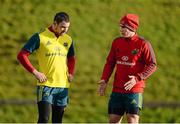 30 December 2013; Munster's Ian Keatley, right, in conversation with team-mate Felix Jones during squad training ahead of their Celtic League game against Ulster on Friday. Munster Rugby Squad Training, University of Limerick, Limerick. Picture credit: Diarmuid Greene / SPORTSFILE