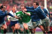 6 February 1999; Conor McGuinness, Ireland, in action against Thomas Lievermont right, and Thomas Castaignede, France.  Five Nations Rugby Championship, Ireland v France, Lansdowne Road, Dublin. Picture credit: Brendan Moran / SPORTSFILE