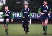 2 February 1999; Ireland's Conor McGuinness, left, David Humphreys and Trevor Brennan, right, warm-up before a squad training session. Ireland Rugby Squad Training, Dr Hickey Park, Greystones, Co. Wicklow. Picture credit: Brendan Moran / SPORTSFILE