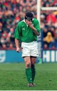 6 February 1999; David Humphreys, Ireland, shows his disappointment after missing a penalty. Five Nations Rugby Championship, Ireland v France, Lansdowne Road, Dublin. Picture credit: Matt Browne / SPORTSFILE