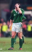 6 February 1999; David Humphreys, Ireland, shows his disappointment after missing his last minute penalty. Five Nations Rugby Championship, Ireland v France, Lansdowne Road, Dublin. Picture credit: Matt Browne / SPORTSFILE
